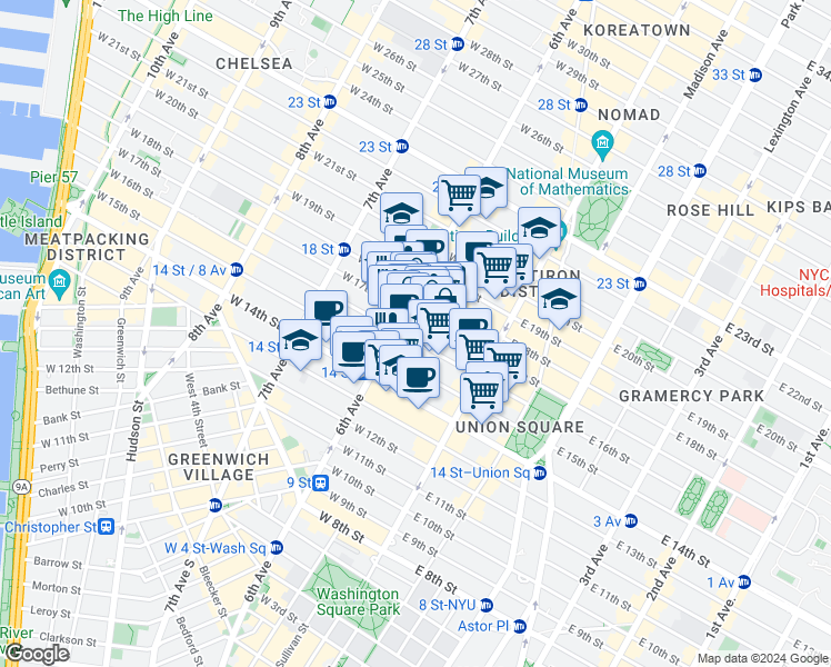 map of restaurants, bars, coffee shops, grocery stores, and more near 43 West 16th Street in New York