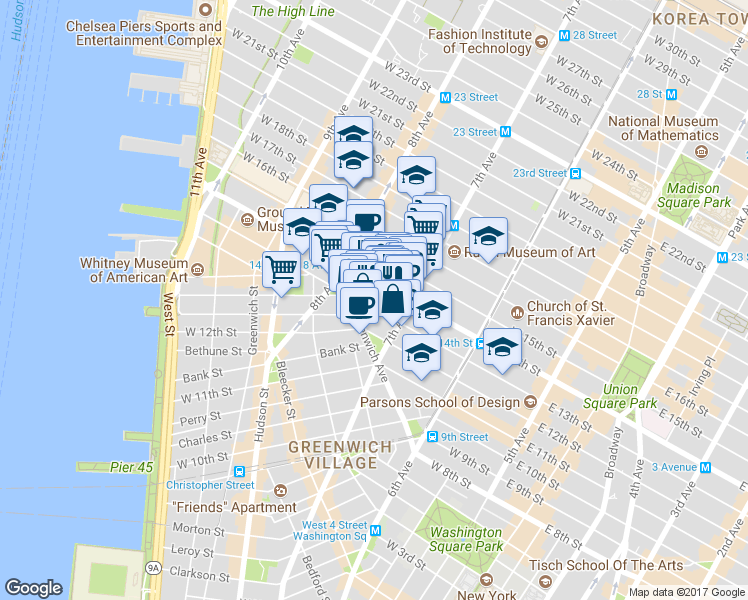 map of restaurants, bars, coffee shops, grocery stores, and more near 219 West 13th Street in New York