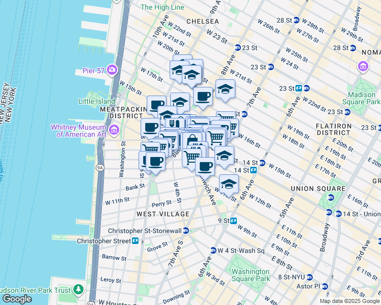 map of restaurants, bars, coffee shops, grocery stores, and more near 121 Greenwich Avenue in New York
