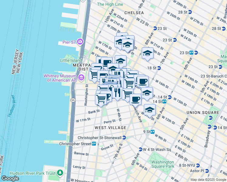 map of restaurants, bars, coffee shops, grocery stores, and more near 41 Jane Street in New York