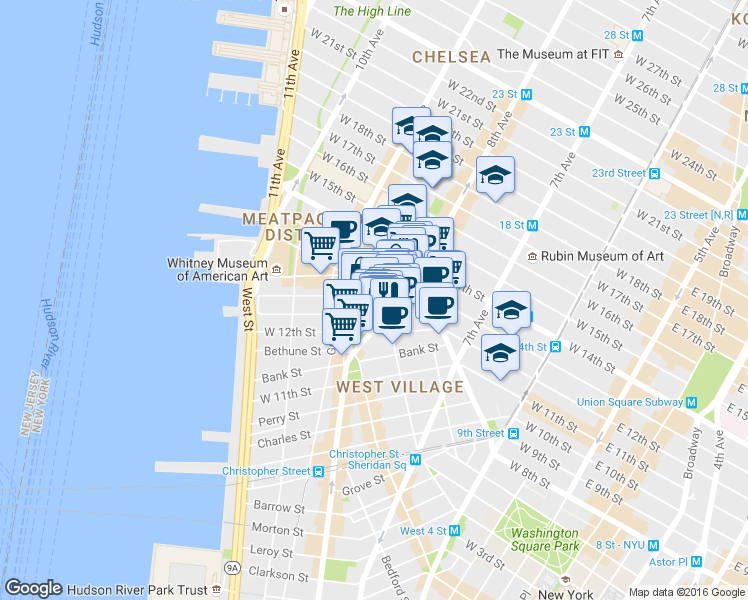 map of restaurants, bars, coffee shops, grocery stores, and more near 41 Jane Street in New York