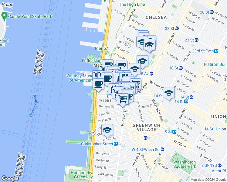 map of restaurants, bars, coffee shops, grocery stores, and more near in New York