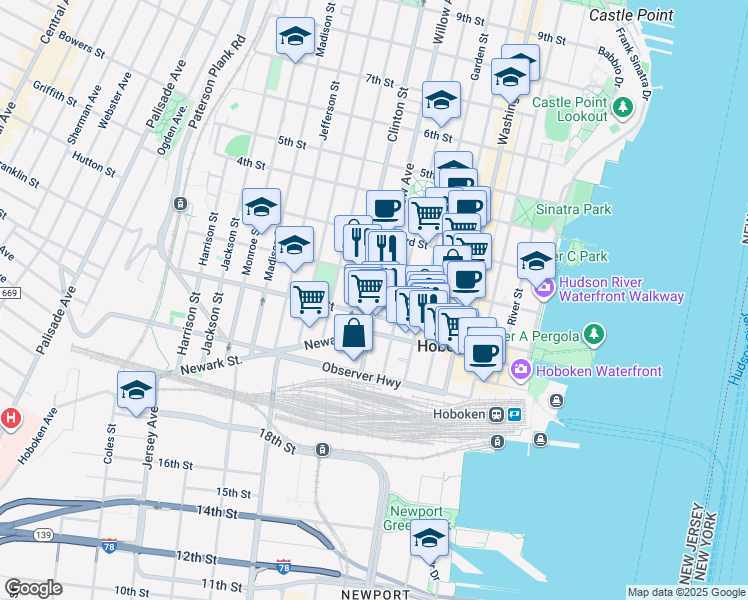 map of restaurants, bars, coffee shops, grocery stores, and more near 109 Willow Avenue in Hoboken