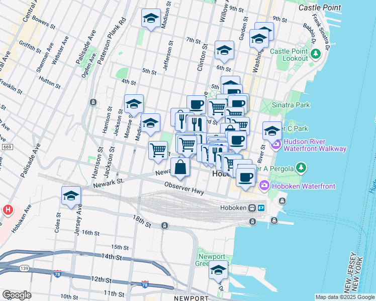 map of restaurants, bars, coffee shops, grocery stores, and more near 109 Willow Avenue in Hoboken