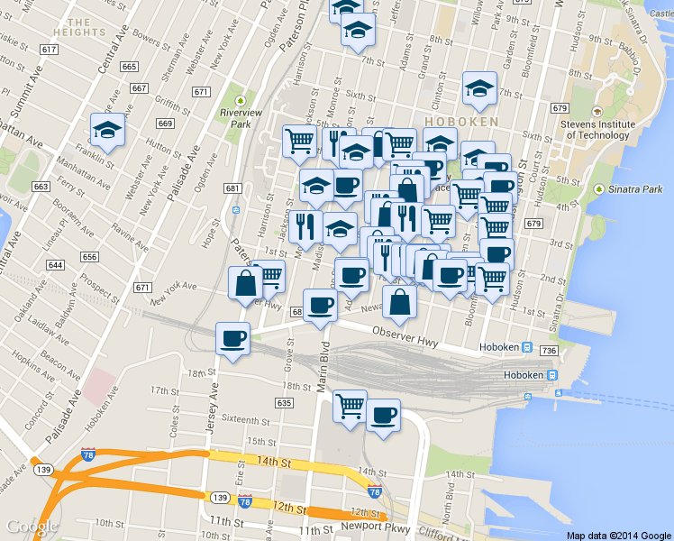 map of restaurants, bars, coffee shops, grocery stores, and more near 92 Jefferson Street in Hoboken