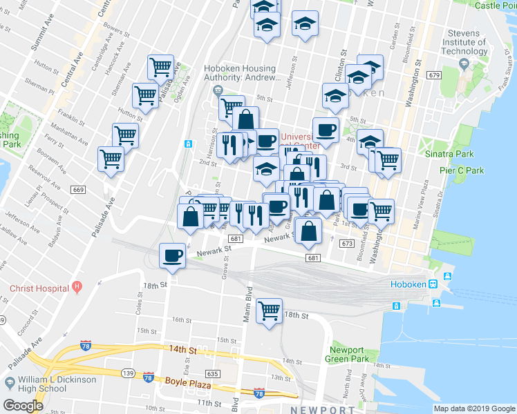 map of restaurants, bars, coffee shops, grocery stores, and more near 92 Jefferson Street in Hoboken