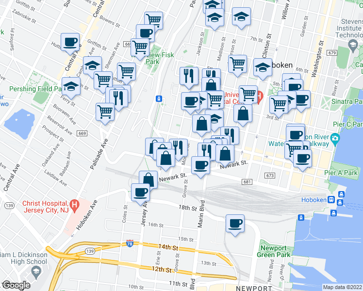 map of restaurants, bars, coffee shops, grocery stores, and more near 80 Jackson Street in Hoboken
