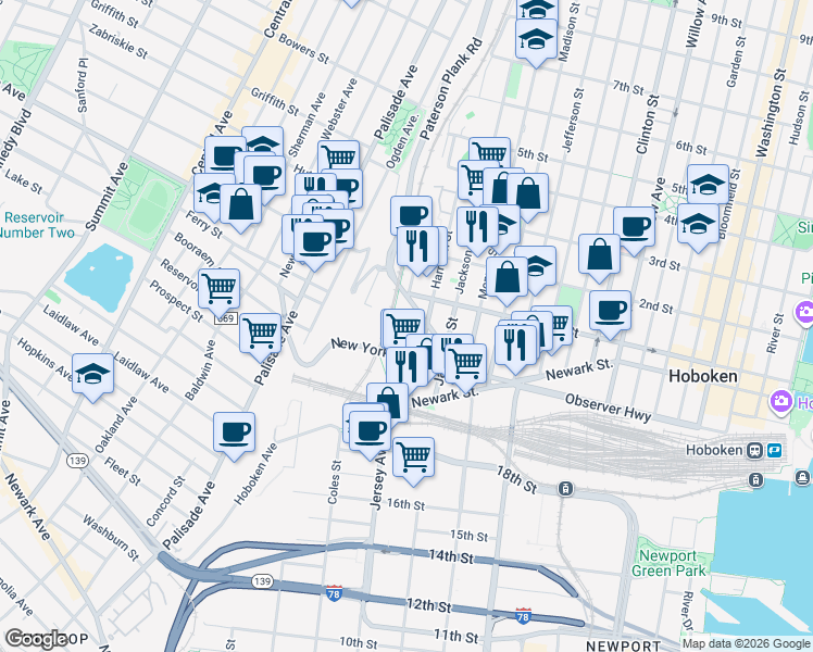 map of restaurants, bars, coffee shops, grocery stores, and more near 101 Paterson Avenue in Hoboken