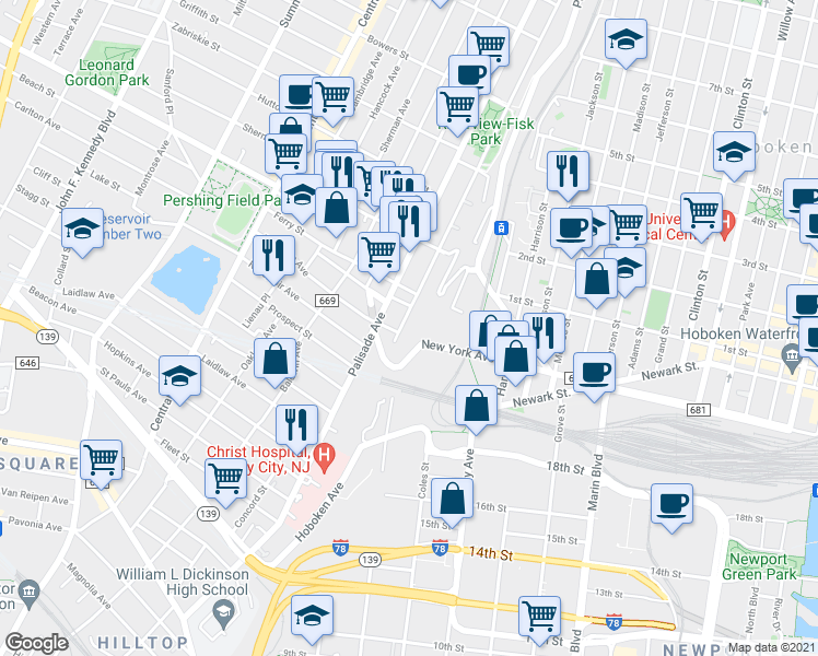 map of restaurants, bars, coffee shops, grocery stores, and more near 120 Ogden Avenue in Jersey City