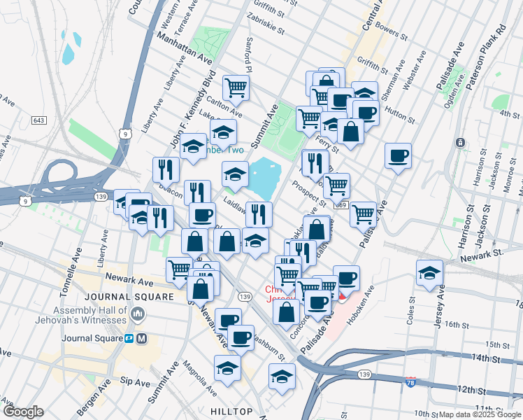 map of restaurants, bars, coffee shops, grocery stores, and more near 129 Jefferson Avenue in Jersey City