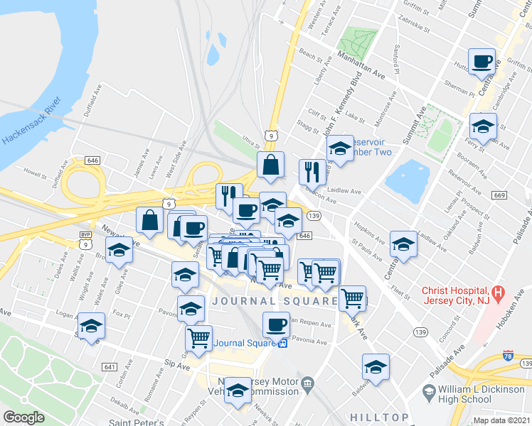 map of restaurants, bars, coffee shops, grocery stores, and more near 76 Liberty Avenue in Jersey City