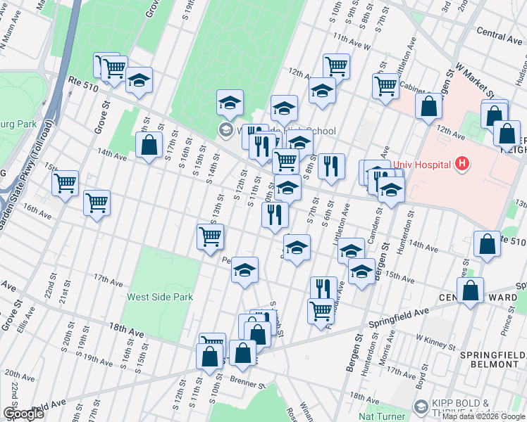 map of restaurants, bars, coffee shops, grocery stores, and more near 436 South 11th Street in Newark