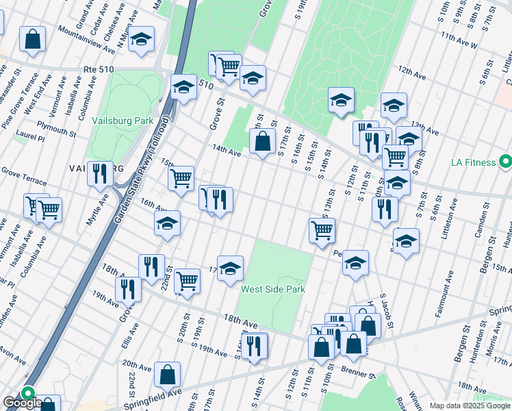 map of restaurants, bars, coffee shops, grocery stores, and more near 525 South 18th Street in Newark