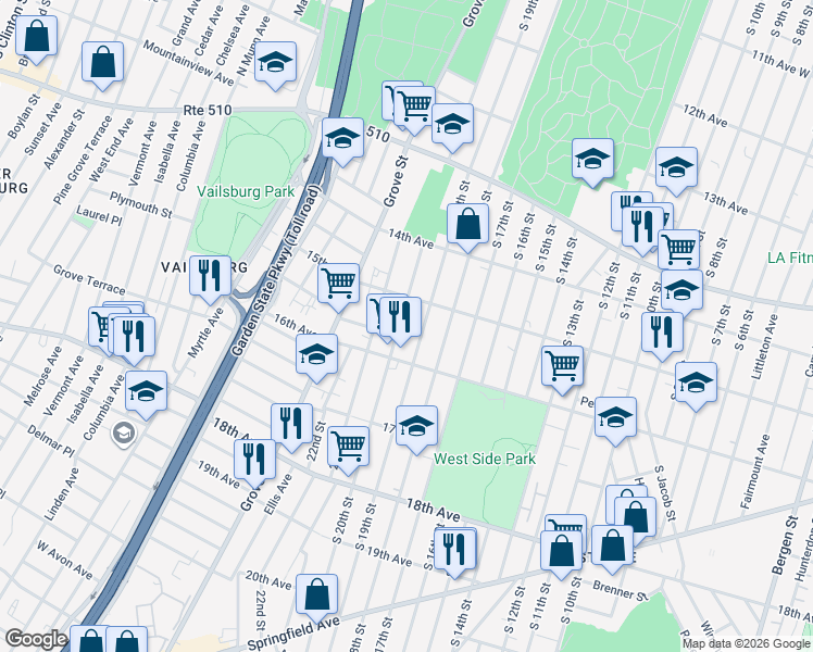 map of restaurants, bars, coffee shops, grocery stores, and more near 538 South 20th Street in Newark