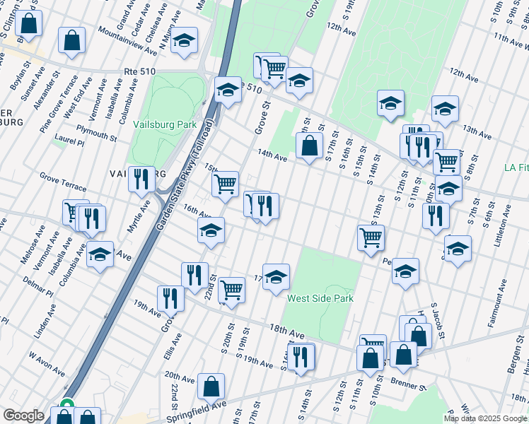 map of restaurants, bars, coffee shops, grocery stores, and more near 538 South 20th Street in Newark