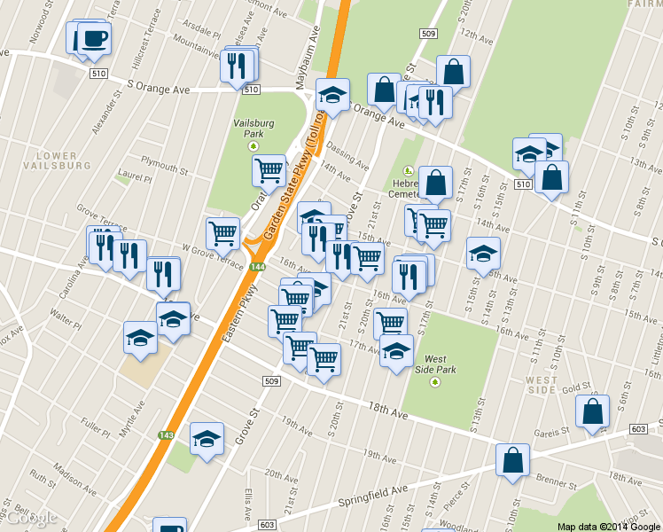 map of restaurants, bars, coffee shops, grocery stores, and more near in Irvington
