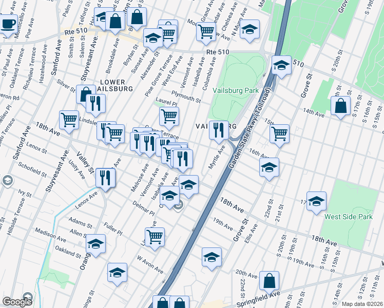 map of restaurants, bars, coffee shops, grocery stores, and more near 193 Columbia Avenue in Irvington
