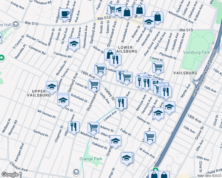 map of restaurants, bars, coffee shops, grocery stores, and more near 223 Sunset Avenue in Newark