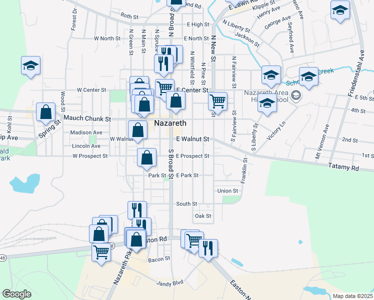 map of restaurants, bars, coffee shops, grocery stores, and more near 181 South Whitfield Street in Nazareth