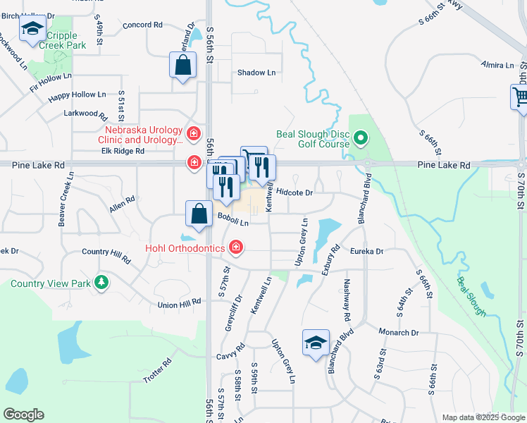 map of restaurants, bars, coffee shops, grocery stores, and more near 5911 Chartwell Lane in Lincoln