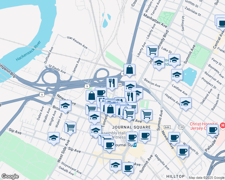 map of restaurants, bars, coffee shops, grocery stores, and more near 225 Tonnelle Avenue in Jersey City