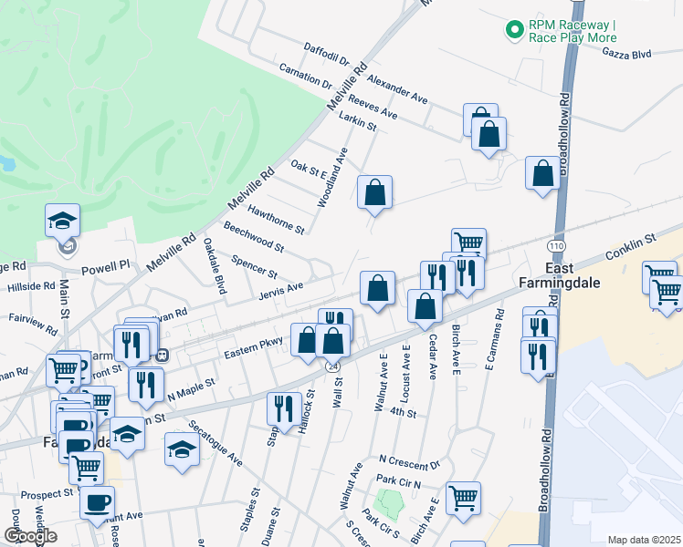 map of restaurants, bars, coffee shops, grocery stores, and more near 152 Jervis Avenue in Farmingdale