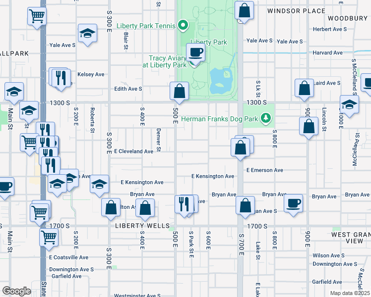 map of restaurants, bars, coffee shops, grocery stores, and more near 529 Cleveland Avenue South in Salt Lake City