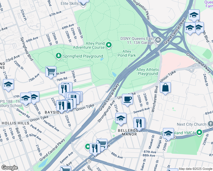 map of restaurants, bars, coffee shops, grocery stores, and more near 23010 Kingsbury Avenue in Queens