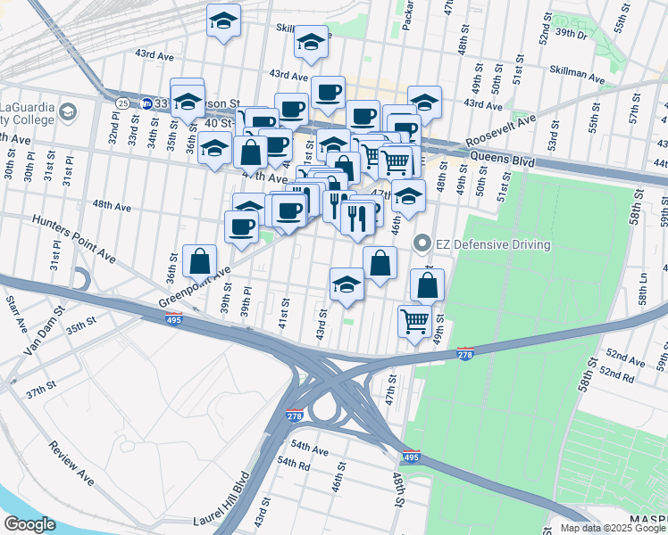 map of restaurants, bars, coffee shops, grocery stores, and more near 48-40 43rd Street in Queens