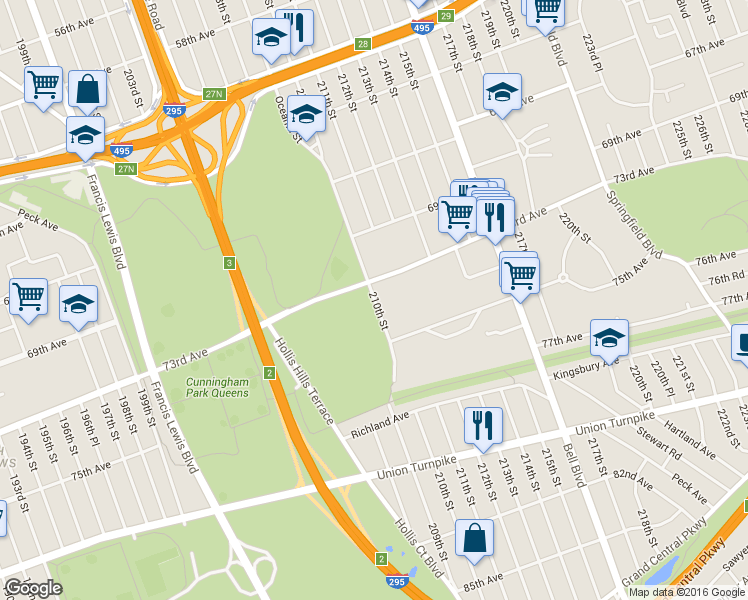 map of restaurants, bars, coffee shops, grocery stores, and more near 85-45 210th Street in Queens