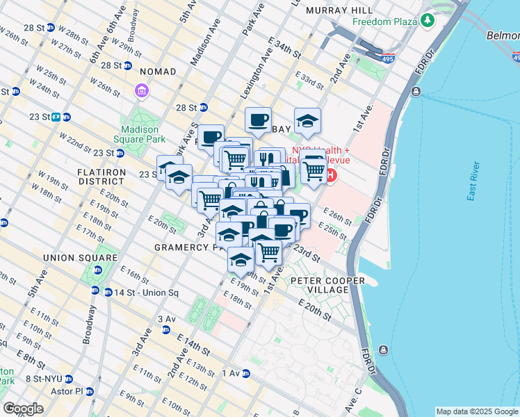 map of restaurants, bars, coffee shops, grocery stores, and more near 279 East 24th Street in New York