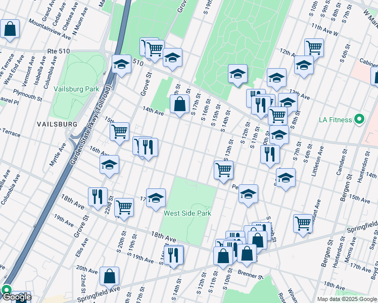 map of restaurants, bars, coffee shops, grocery stores, and more near 512 South 17th Street in Newark