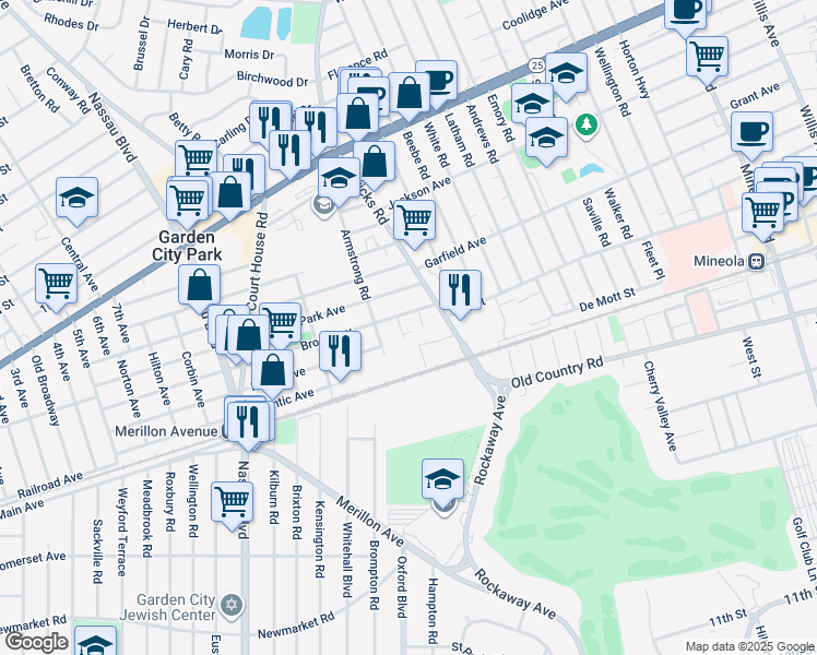map of restaurants, bars, coffee shops, grocery stores, and more near 10 Tulip Place in New Hyde Park