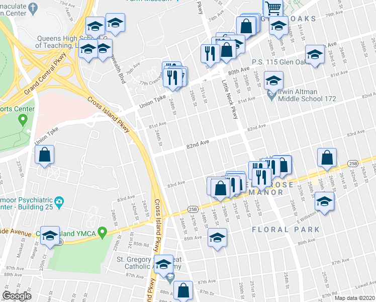 map of restaurants, bars, coffee shops, grocery stores, and more near 248-04 82nd Avenue in Queens