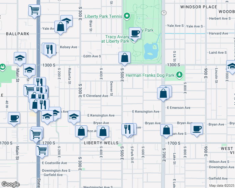 map of restaurants, bars, coffee shops, grocery stores, and more near 467 Cleveland Avenue South in Salt Lake City