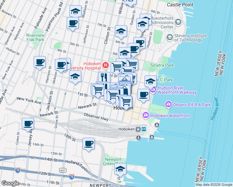 map of restaurants, bars, coffee shops, grocery stores, and more near in Hoboken