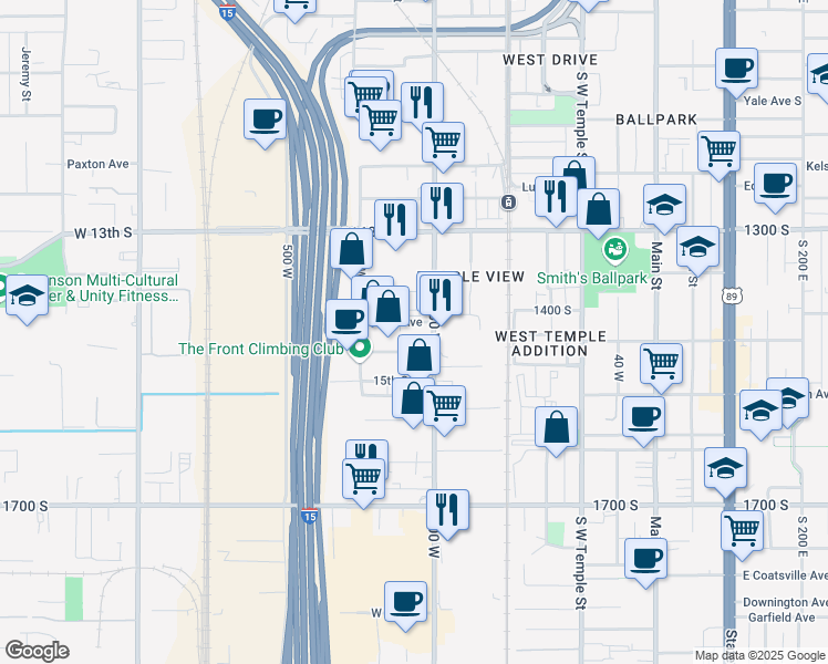 map of restaurants, bars, coffee shops, grocery stores, and more near 1420 South 300 West in Salt Lake City