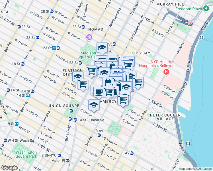 map of restaurants, bars, coffee shops, grocery stores, and more near 143 East 22nd Street in New York