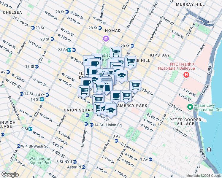 map of restaurants, bars, coffee shops, grocery stores, and more near 257 Park Avenue South in New York