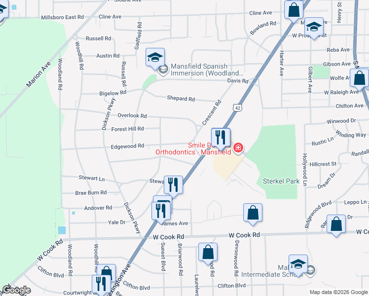 map of restaurants, bars, coffee shops, grocery stores, and more near 405 Edgewood Road in Mansfield