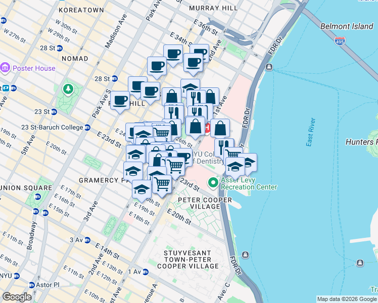 map of restaurants, bars, coffee shops, grocery stores, and more near 339 East 25th Street in New York