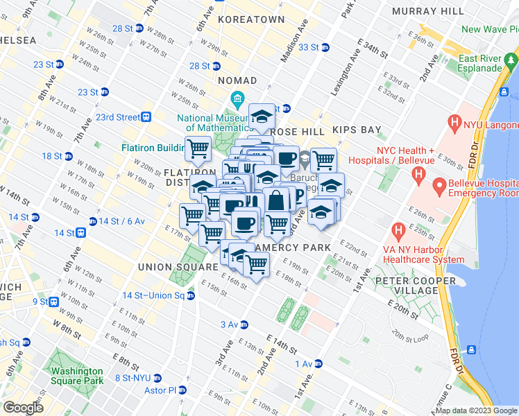 map of restaurants, bars, coffee shops, grocery stores, and more near 2 Lexington Avenue in New York
