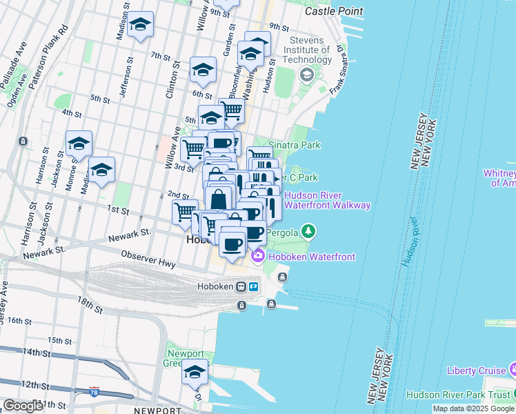 map of restaurants, bars, coffee shops, grocery stores, and more near 225 River Street in Hoboken