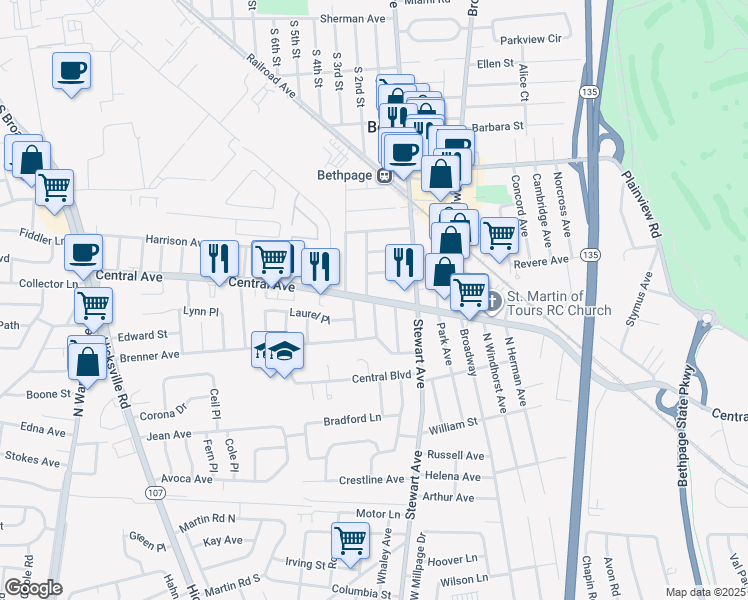 map of restaurants, bars, coffee shops, grocery stores, and more near 101 South Pershing Avenue in Bethpage