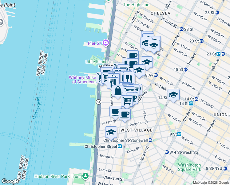 map of restaurants, bars, coffee shops, grocery stores, and more near 88 Horatio Street in New York