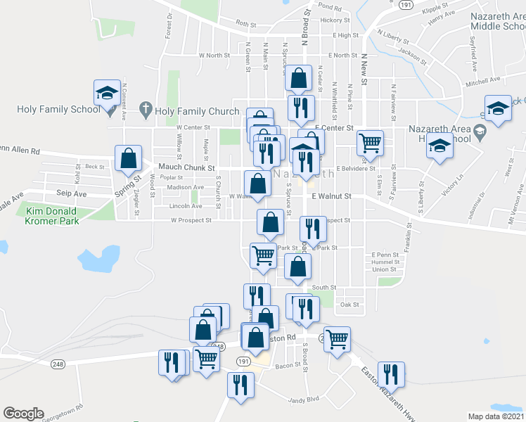 map of restaurants, bars, coffee shops, grocery stores, and more near 166 South Main Street in Nazareth