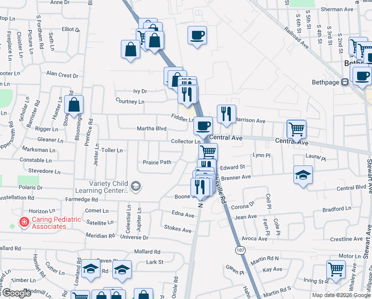 map of restaurants, bars, coffee shops, grocery stores, and more near 506 Farm Ranch Road East in Bethpage