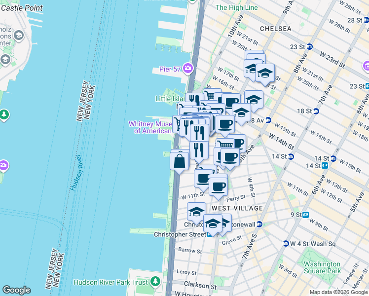 map of restaurants, bars, coffee shops, grocery stores, and more near 110-114 Horatio Street in New York