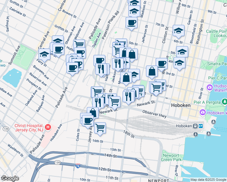 map of restaurants, bars, coffee shops, grocery stores, and more near 80 Jackson Street in Hoboken