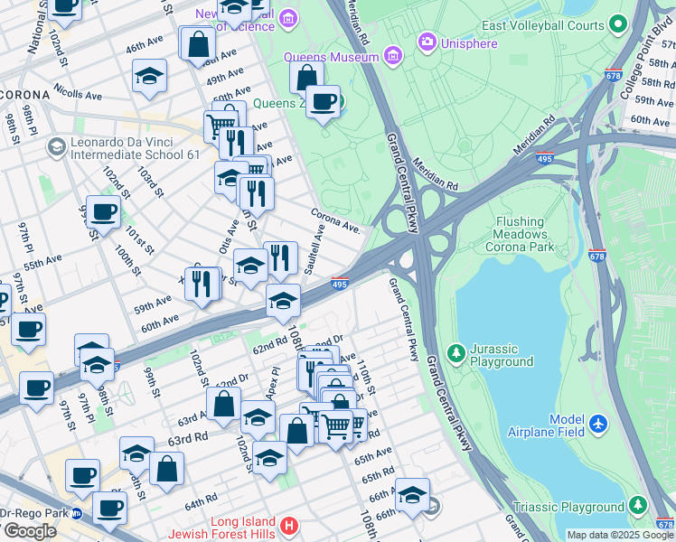 map of restaurants, bars, coffee shops, grocery stores, and more near 59-32 Van Doren Street in Queens